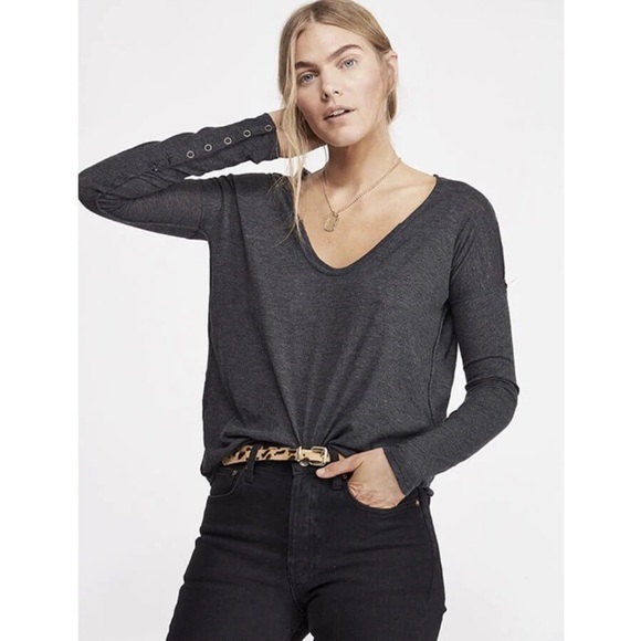 We The Free Sienna Snap Cuff Long Sleeve Tee V-Neck Grey Medium - Picture 1 of 9